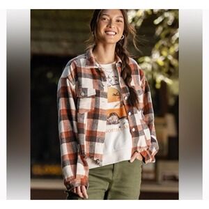 Altar'd State Noelle Boho Western Flannel Shacket rust, brown, cream plaid Small